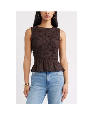 Open Edit Smocked Lace Peplum Top - Black