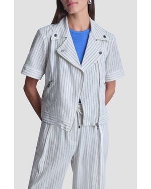 DKNY Ticking Stripe Short Sleeve Linen Blend Moto Jacket - Blue
