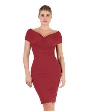 Popilush Shapewear Ruched Off-Shoulder Sculpting Midi Dress - Red