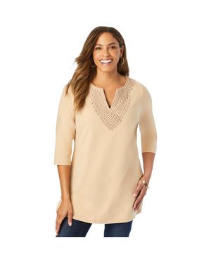 Jessica London Stretch Cotton Notch Neck Tunic - Natural