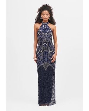 Beauut Halterneck Embellished Sequin Beaded Maxi Dress - Blue