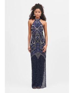 Beauut Halterneck Embellished Sequin Beaded Maxi Dress - Blue
