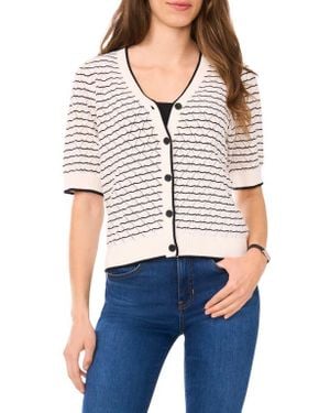 Halogen® Stripe Pointelle Cotton Button-Up Sweater - White