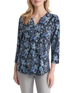 Jones New York Paisley Patch Pocket Crepe Popover Top - Blue