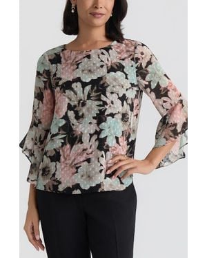 Kasper Blurred Floral Print Clip Dot Top - Gray