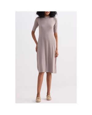 REISTOR High Neck Elbow Sleeves Fitted Dress - Pink