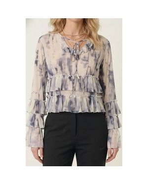 Modenaire Ruffle Blouse With Tie Neck Detail - Gray