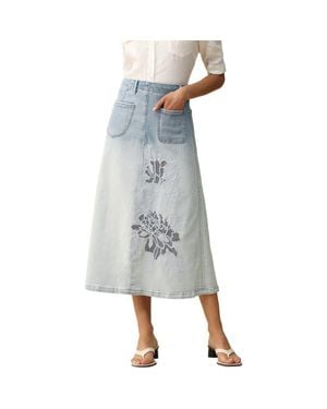 Bayeas Caius Faux Pearl & Embroidery Detail Ombré Denim Skirt - Blue