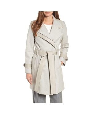 Badgley Mischka Badgley Mischka Faux Leather Trim Wool Blend Coat - Natural