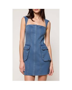 Modenaire Square Neck Denim Mini Dress With Flap Patch Pockets - Blue
