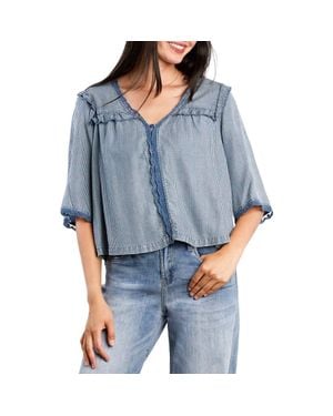 Billy T Juliet Lace & Ruffle Cotton Blend Top - Blue