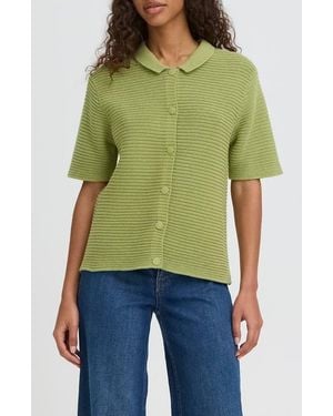 Ichi Ihdemue Textured Cotton Snap-Up Polo Sweater - Green