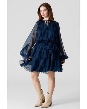 Le Fafo Silk Chiffon Tie Belt Short Dress - Blue