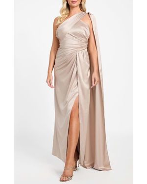 Marciano Aretha Draped One-Shoulder Satin Gown - Natural