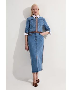 Karen Millen Denim & Leather Collarless Jacket - Blue