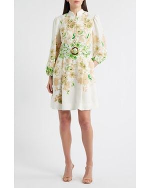 Tahari Border Print Belted Long Sleeve Dress - White