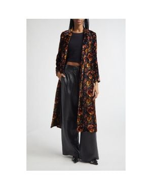 R13 Drapey Floral Double Breasted Velvet Duster Coat - Red