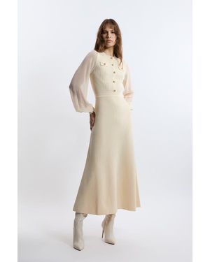 Karen Millen Military Trim Chiffon Sleeve Knit Dress - White