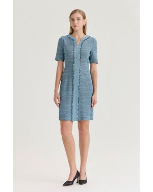 Ming Wang Tweed Knit Fringe Accent Sheath Dress - Blue