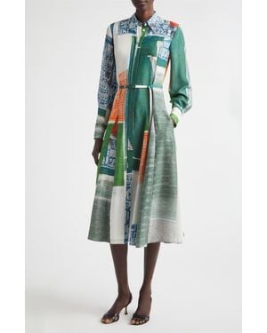 Jason Wu Collage Print Belted Long Sleeve Sandwashed Silk Shirtdress - Green
