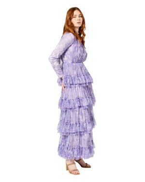 MARYISA Occasion Modest Ruffle Floral Print Long Sleeves Evening Dress - Purple