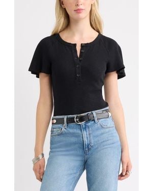 Treasure & Bond Flutter Sleeve Ribbed Henley - Black