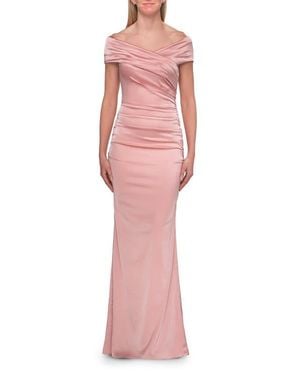La Femme Off-The-Shoulder Ruched Satin Evening Gown - Pink