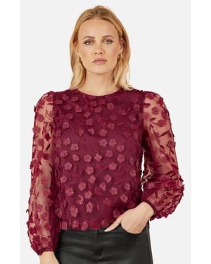 Yumi' Long Sleeve Sheer Floral Top - Red