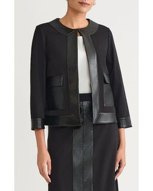 Ming Wang Faux Leather Trim Stretch Ponte Jacket - Black