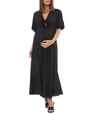 Ripe Maternity Camille Tie Front Linen Blend Maternity/Nursing Dress - Black