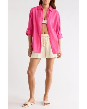 Elan Printed Semisheer Cotton Button-Up Cover-Up Shirt - Pink