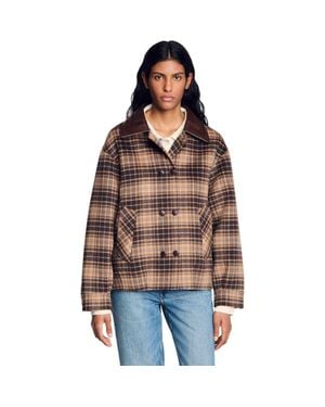 Sandro Check Coat With Leather Collar - Brown