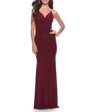 La Femme Long Net Jersey Dress With Illusion Waist - Red