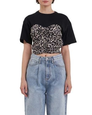Grey Lab Leopard Smocked Crop T-Shirt - Black