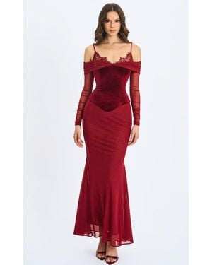 Miss Circle Maybelle Bardot Lace Strap Peplum Maxi Dress - Red