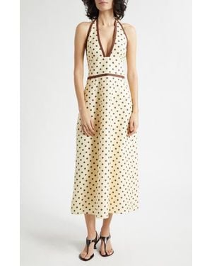 Posse Bowie Polka Dot Plunge Halter Neck Midi Dress - Natural
