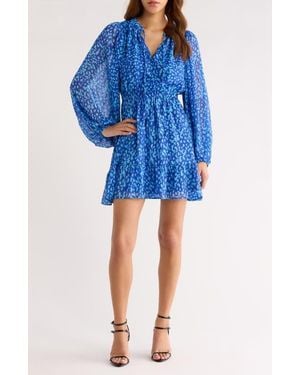 Sugarlips Madeira Metallic Abstract Print Long Sleeve Dress - Blue