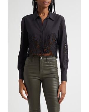 L'Agence Seychelle Cutwork Crop Button-Up Shirt - Black