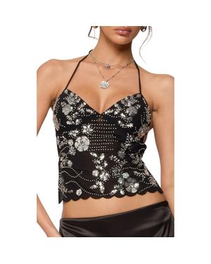 Edikted Nelley Sequin Beaded Open Back Halter Top - Black