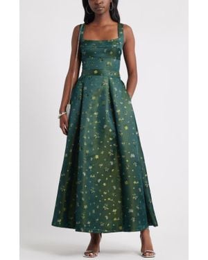 Chelsea28 Pleated Seamed Bodice Jacquard Maxi Cocktail Dress - Green