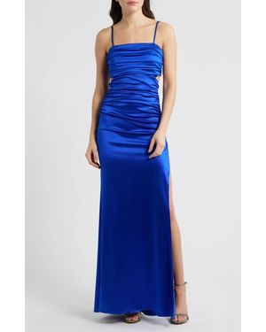 Emerald Sundae Ruched Sleeveless Satin Gown - Blue