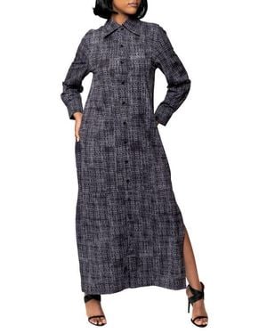 DAI MODA Bali Abstract Print Long Sleeve Double Slit Maxi Shirtdress - Blue