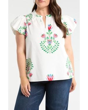 Sugarlips Keni Split Neck Floral Print Cotton Top - White
