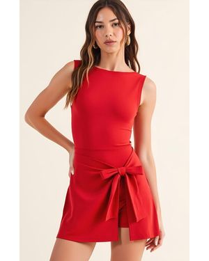 Modenaire Sleeveless Active Romper With Side Tie Skirt Overlay And Crew Neckline - Red
