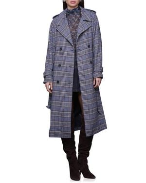 Avec Les Filles Plaid Herringbone Double Breasted Trench Coat - Blue