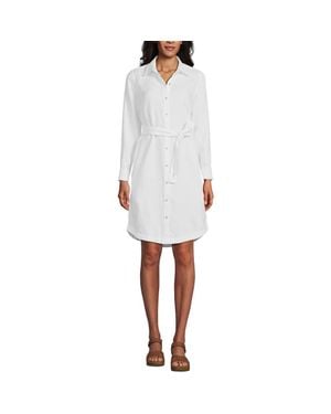 Lands' End Linen Long Sleeve Button Front Shirt Dress - White