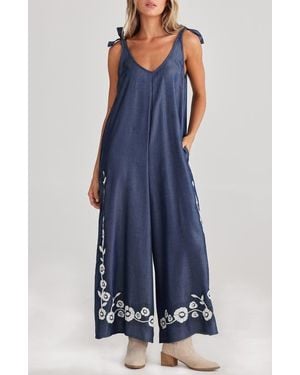 Talisman the Label Temple Embroidered Wide Leg Jumpsuit - Blue