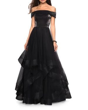 La Femme Elegant Off The Shoulder Tulle Layered Ball Gown - Black