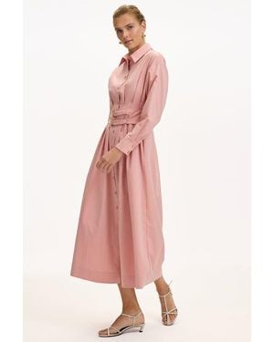 Exquise Belted Fitted Waist Midi Shirt Dress - Pink