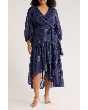 Anne Klein Metallic Long Sleeve High-Low Wrap Dress - Blue